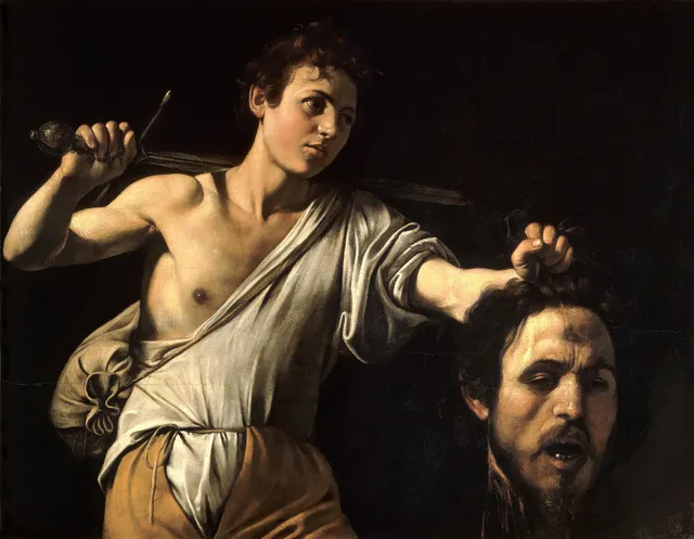 David with the Head of Goliath, the victor without triumph, the severed head still legible as a face.