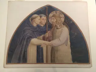Copy after the fresco Christ as pilgrim received by two Dominicans, Fra Angelico in the Museo di San Marco (Florence)., by Fra Angelico, watercolor