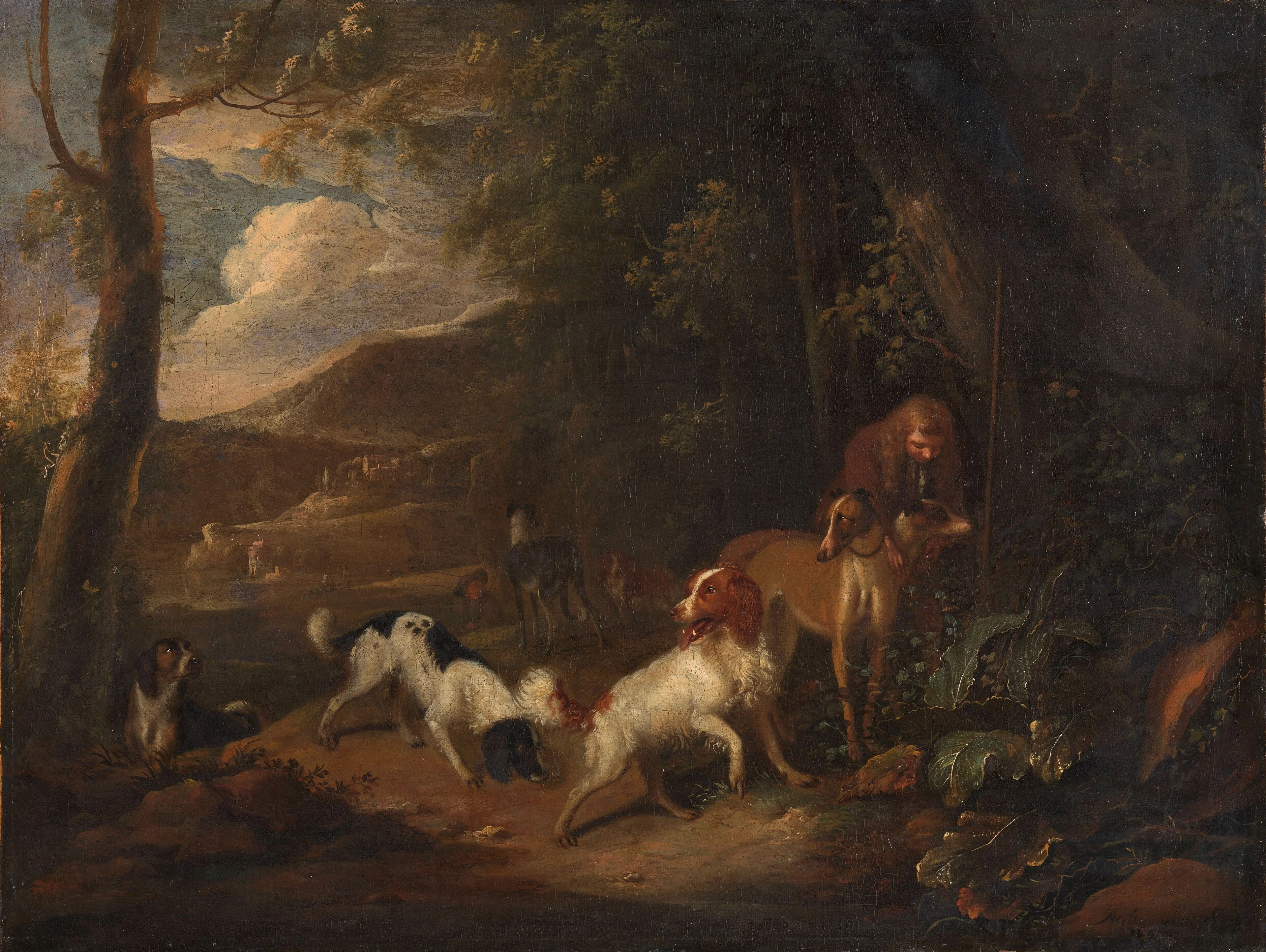 Hunter with hounds at the edge of a wood, detail