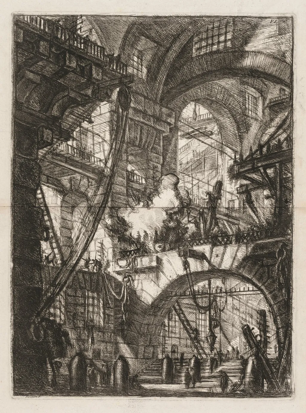 The Prisons:  A Perspective of Arches with a Smoking Fire in the Center, by Giovanni Battista Piranesi, 1749