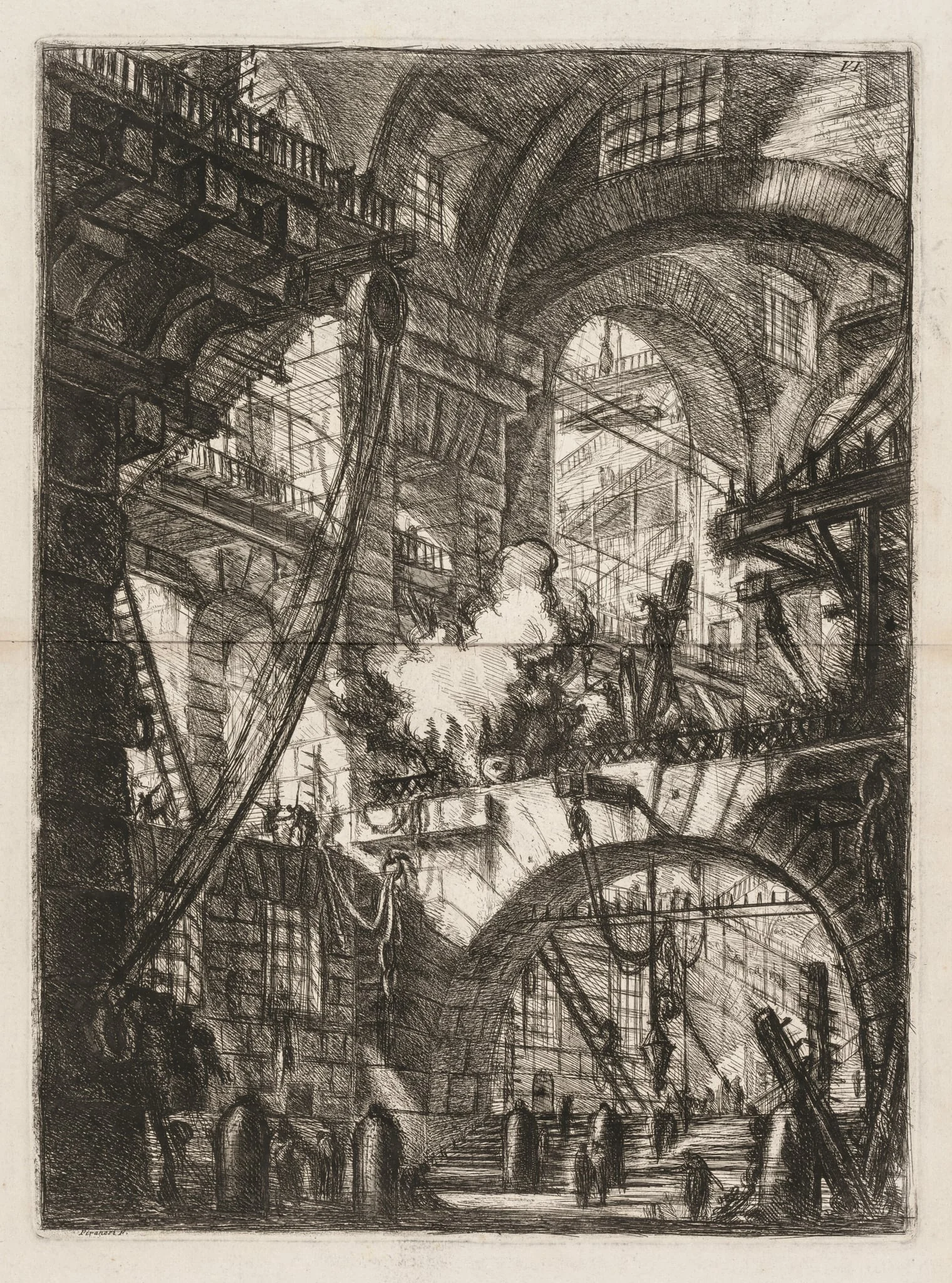 The Prisons: A Perspective of Arches with a Smoking Fire in the Center, detail