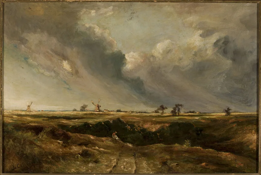 Landscape with windmills, by John Crome, oil, 1804