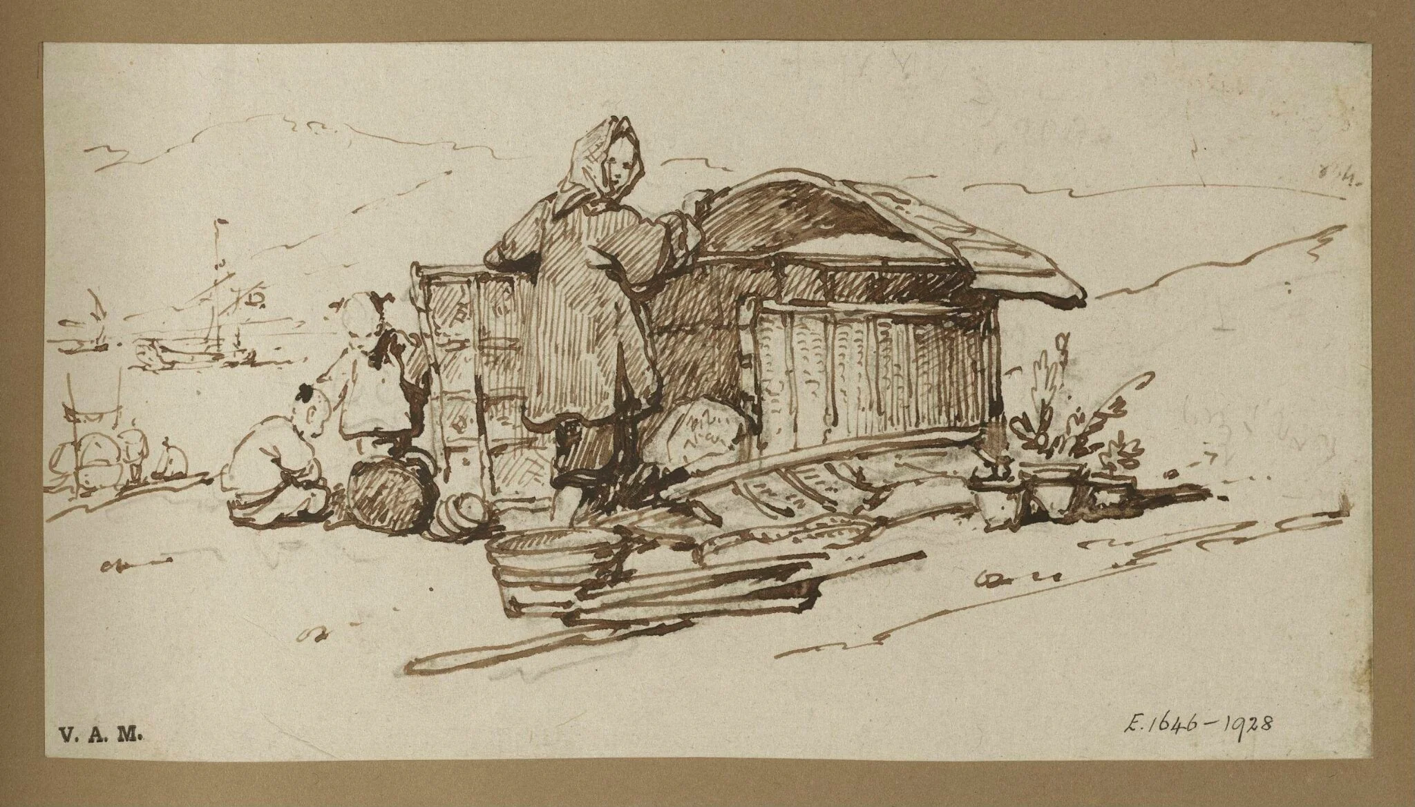 Chinese boatpeople by a makeshift dwelling on the shore, detail