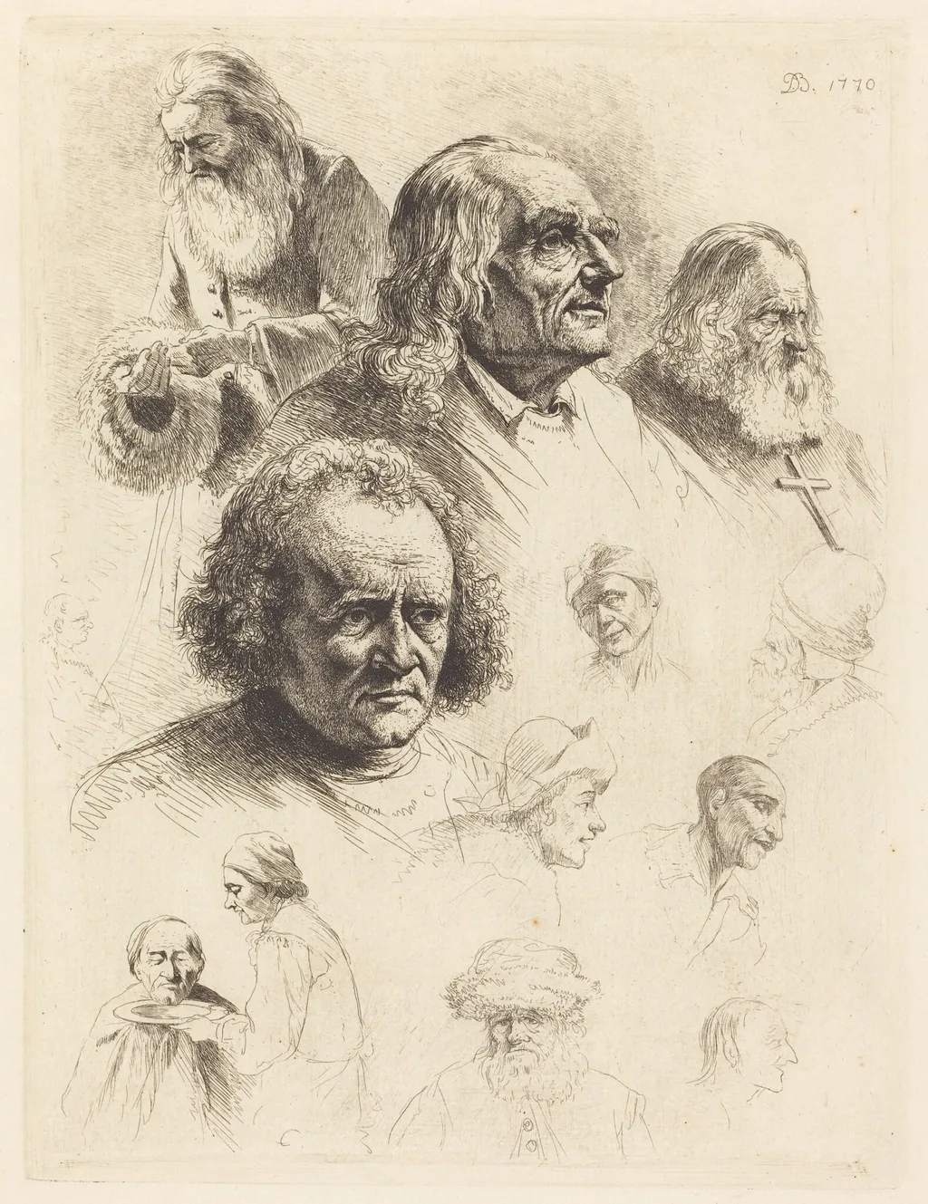 Thirteen Studies of Heads, by Jean-Jacques de Boissieu, ink, 1770