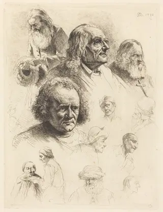 Thirteen Studies of Heads, by Jean-Jacques de Boissieu, ink, 1770