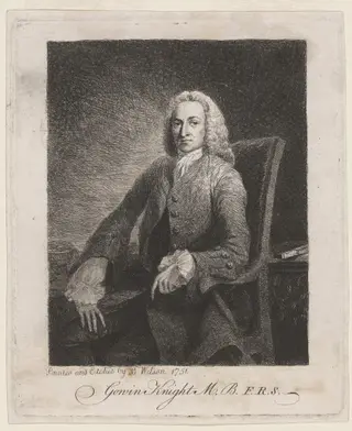 Gowin Knight, M.B., F.R.S., by Benjamin Wilson, ink, 1751