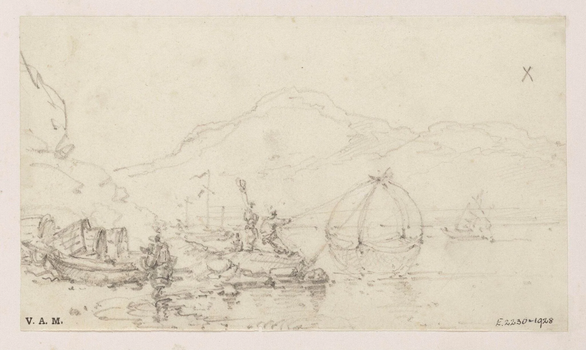 Fishermen by a beached Tanka boat, Macau, detail