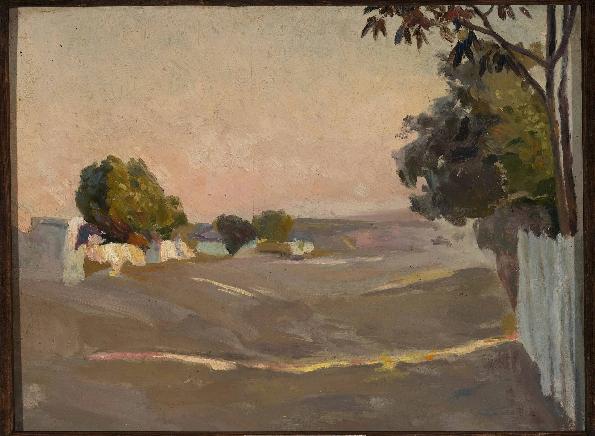 Landscape with houses and a fence, detail