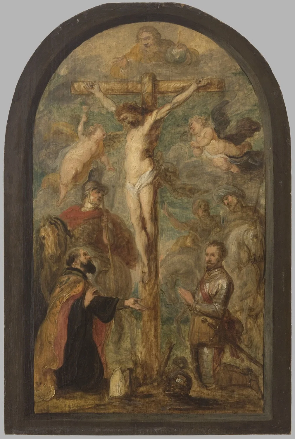 The Crucifixion, with a Bishop, a Saint, and a Donor in Armor, detail