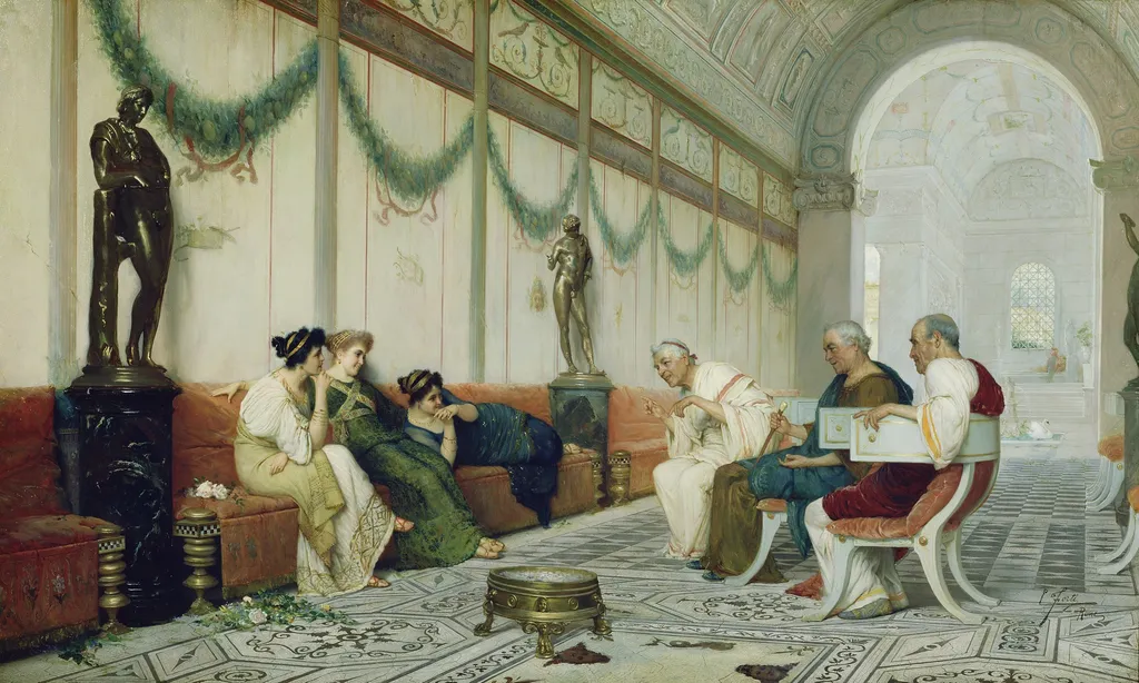 Interior of Roman Building with Figures, by Ettore Forti, oil, 1850