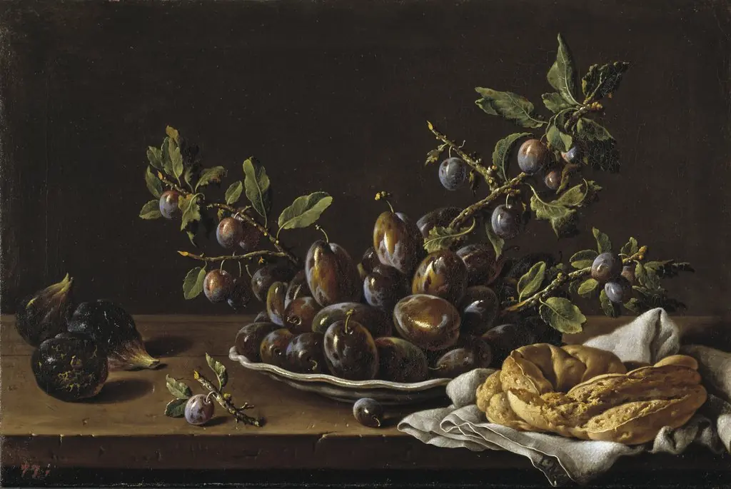 Still Life with Plums Figs and Bread, by Luis Egidio Meléndez, oil, 1751