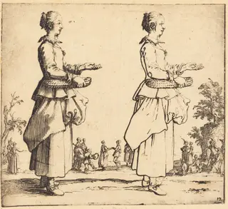 Peasant Woman with Basket, in Profile, Facing Right, by Jacques Callot, ink, 1622