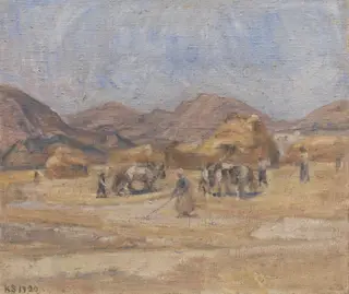 Tærskepladsen i Cività d'Antino, by Karl Schou, oil, 1920