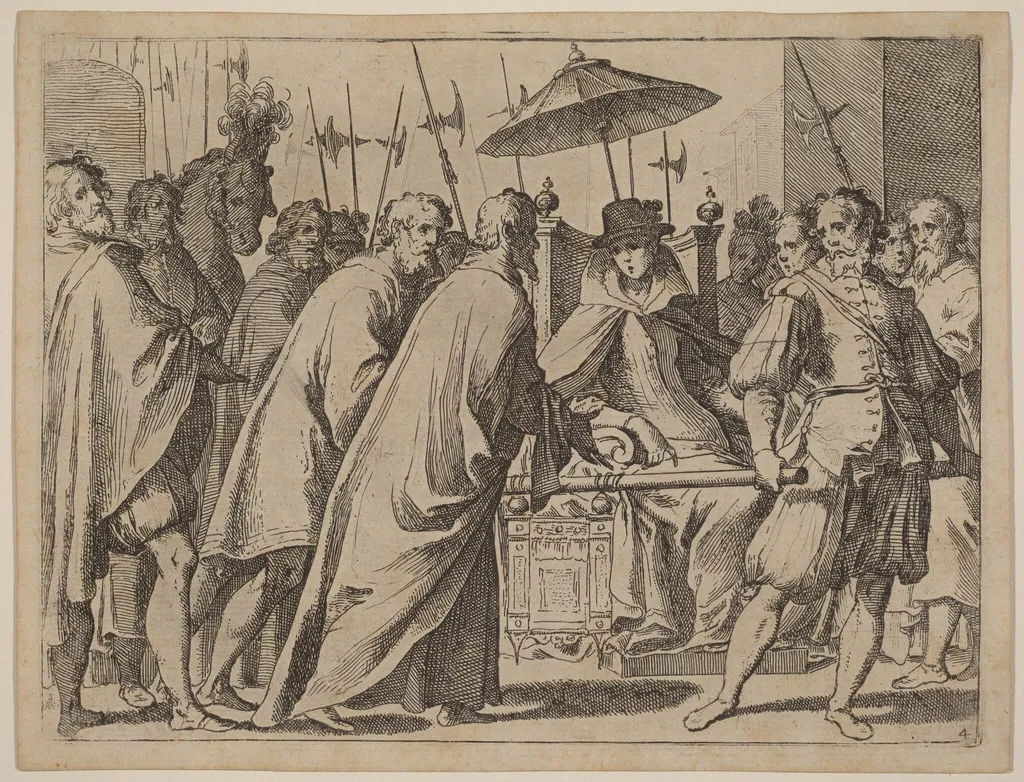 Margaret of Austria Being Carried in a Chaise, by Raffaello Schiaminossi, ink, 1612