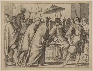 Margaret of Austria Being Carried in a Chaise, by Raffaello Schiaminossi, ink, 1612