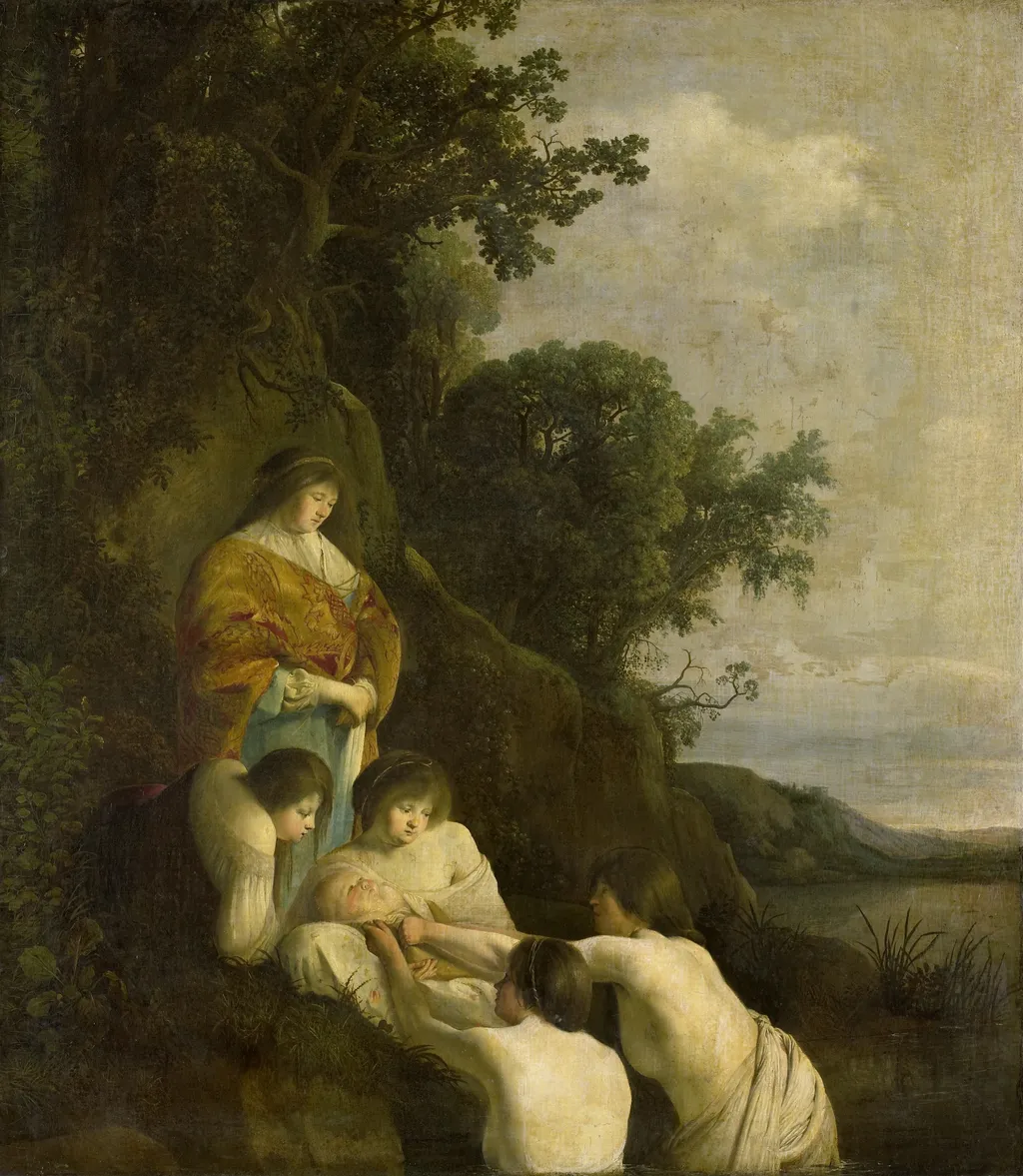 Pharao's daughter discovers Moses in the rush basket, by Paulus Bor, oil, 1635