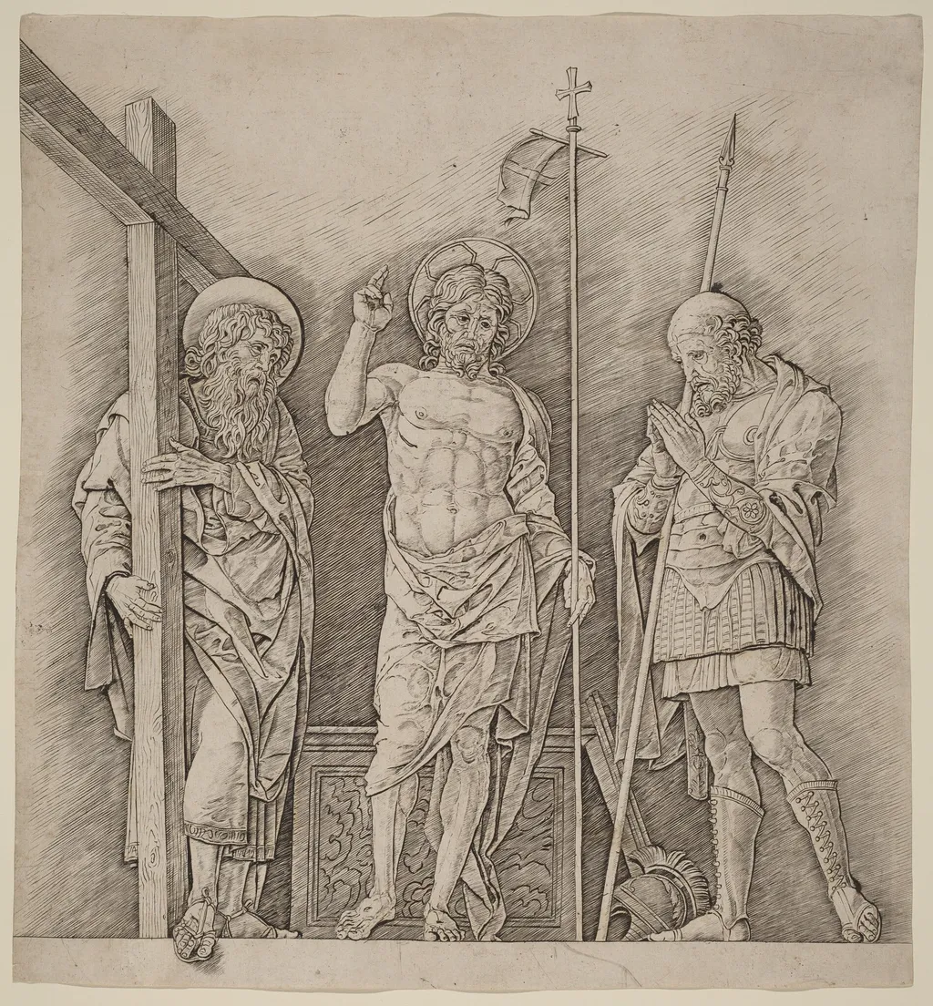 Risen Christ between Saints Andrew and Longinus, by Andrea Mantegna, ink, 1472