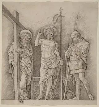 Risen Christ between Saints Andrew and Longinus, by Andrea Mantegna, ink, 1472