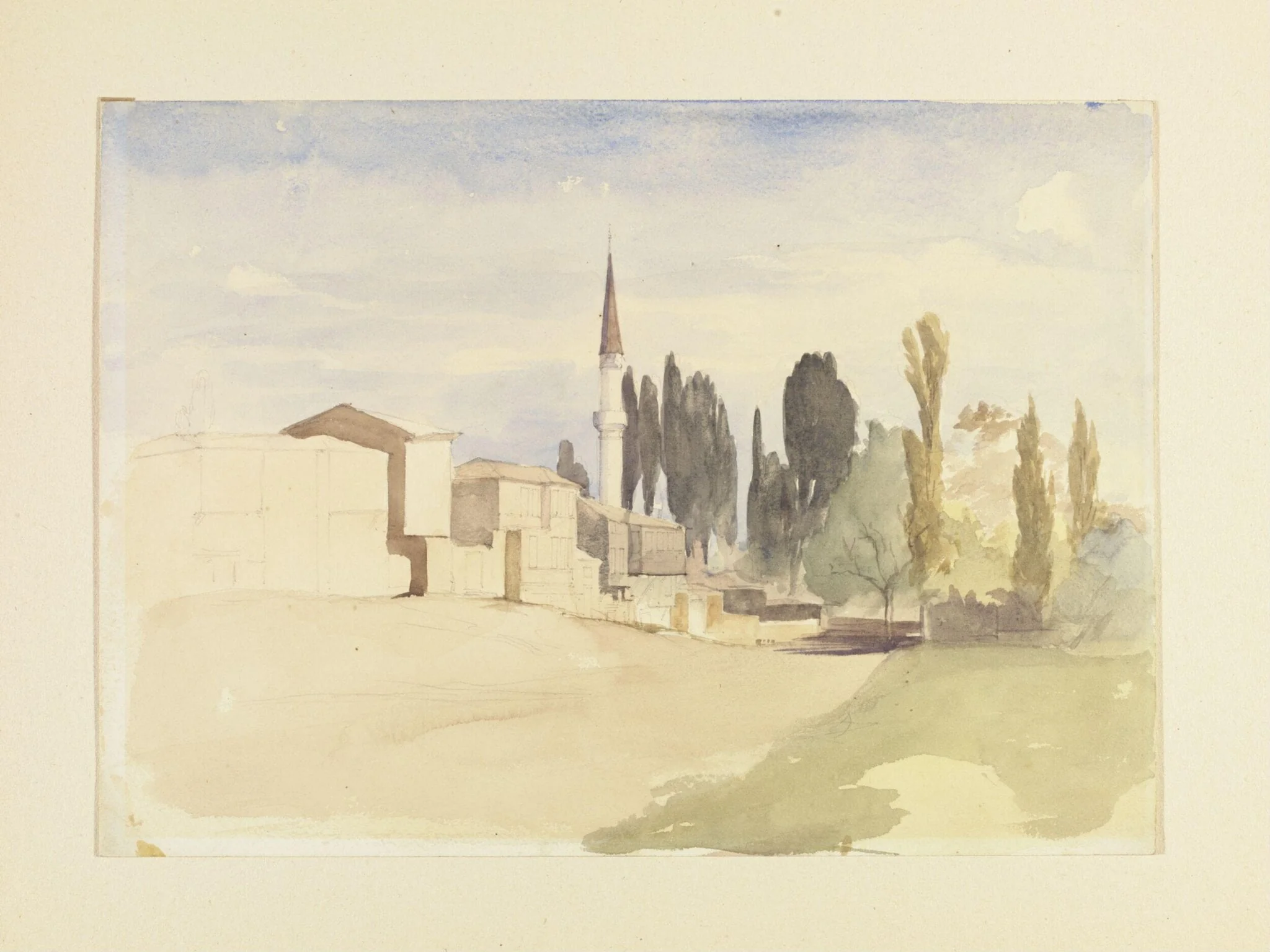 A group of houses, a minaret and cypress trees, detail