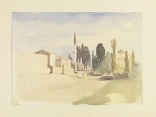A group of houses, a minaret and cypress trees, by Edward Armitage, watercolor, 1855