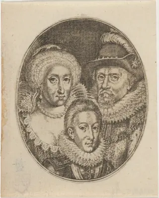 James I, Anne of Denmark, and Prince Charles, by Simon van de Passe, ink, 1621