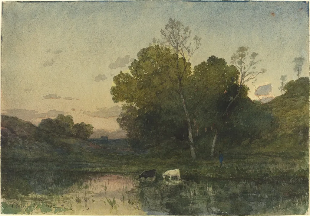 Evening Light on a Wooded Lakeside with Cattle Drinking, by Henri-Joseph Harpignies, watercolor, 1882