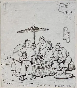 Drawing, Chinese players beneath a parasol, by George Chinnery, 19