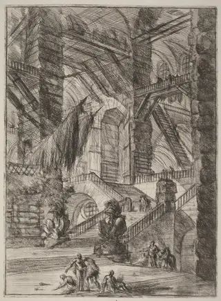 The Staircase with Trophies, by Giovanni Battista Piranesi, ink, 1754