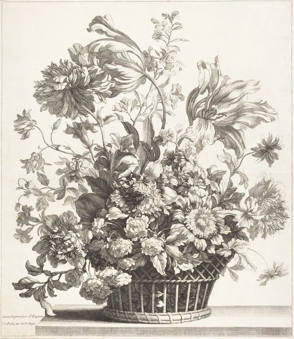 A Basket of Spring Flowers, by Jean-Baptiste Monnoyer, ink, 1680