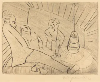 Three People in an Atelier, by Walter Gramatté, ink, 1920