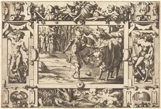 Jason Tames the Two Bulls of Mars, by René Boyvin, ink, 1563