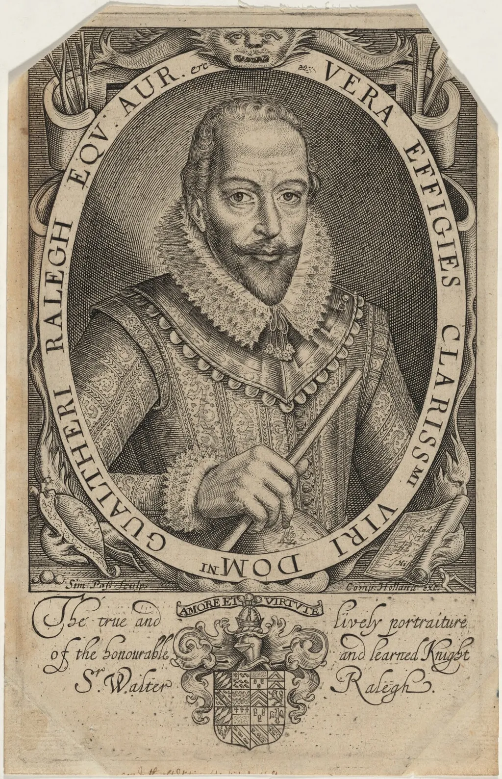 Sir Walter Raleigh, by Simon van de Passe, ink, 1621