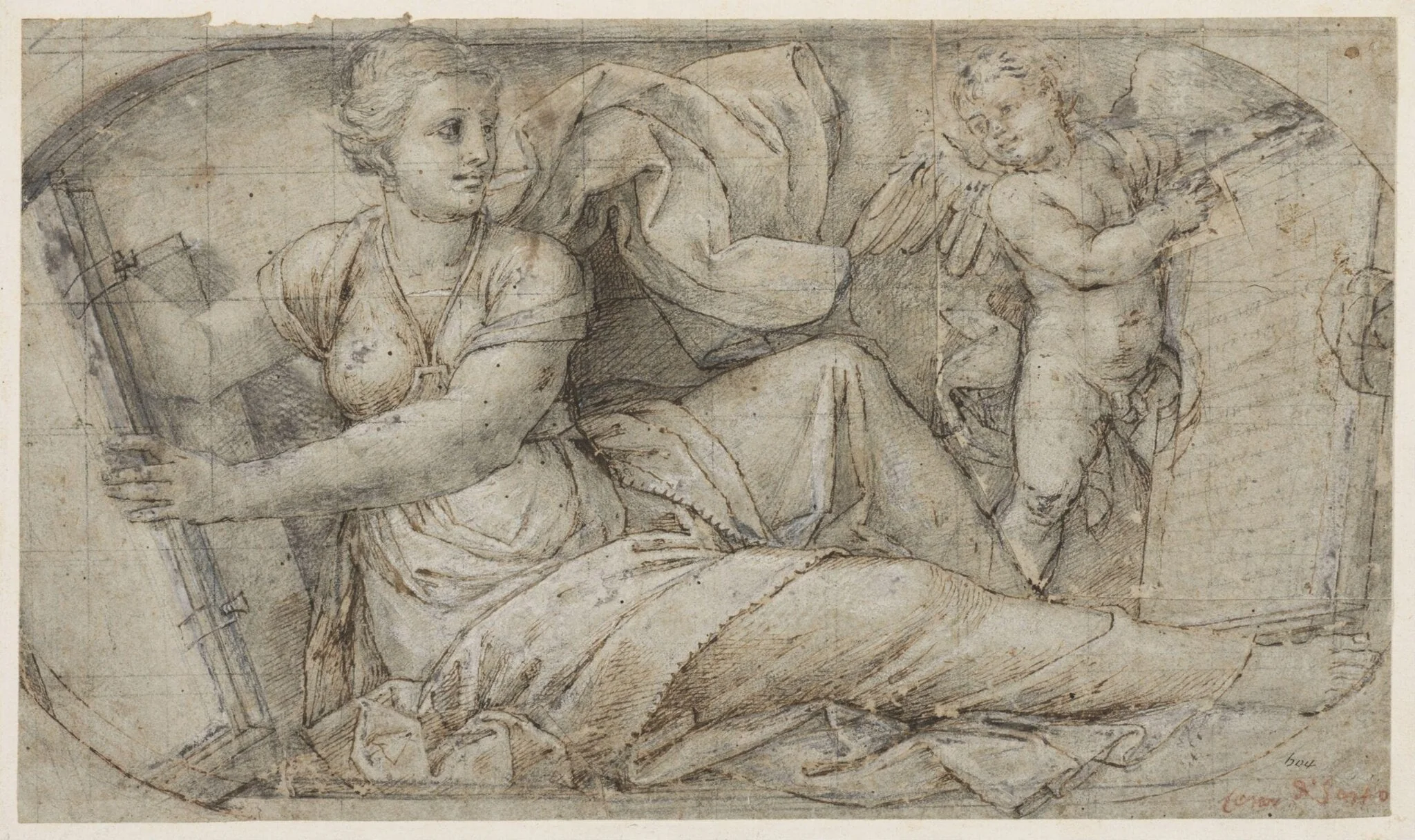 Reclining sibyl holding a book, with a winged putto supporting an inscribed tablet, detail