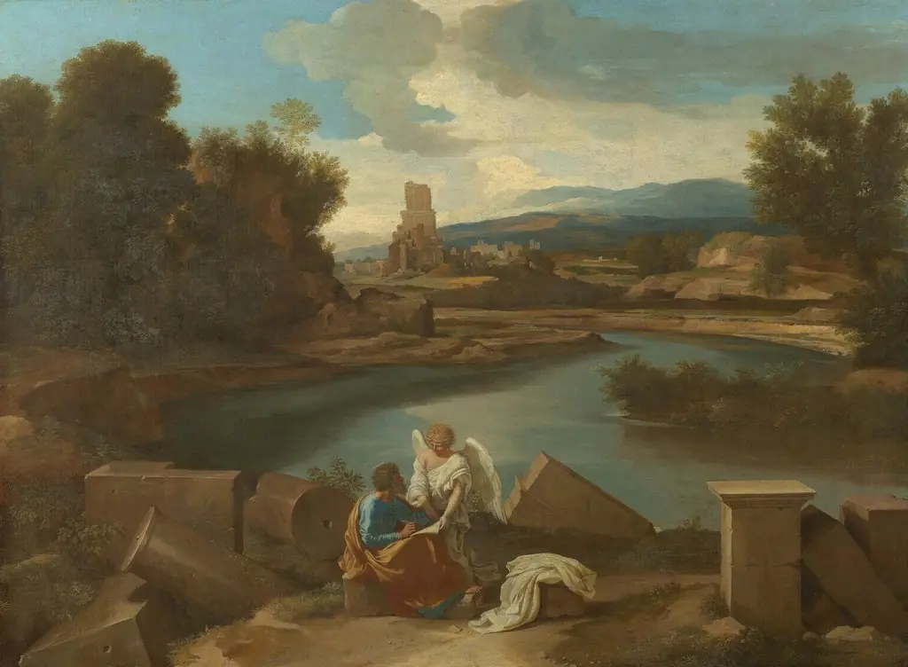 Landscape with St Matthew and the Angel, by Nicolas Poussin, oil, 1640
