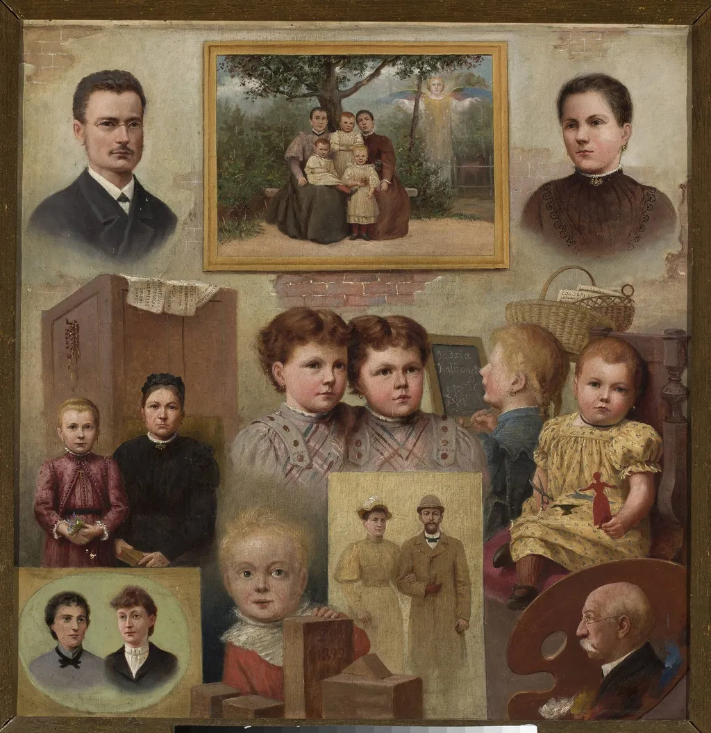 Collective portrait of the Kalinowski family with the painter's self-portrait, by Adrian Głębocki, oil, 1900