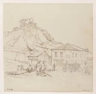 A steep hill in Macau, with buildings below it and on its summit, by George Chinnery, 19