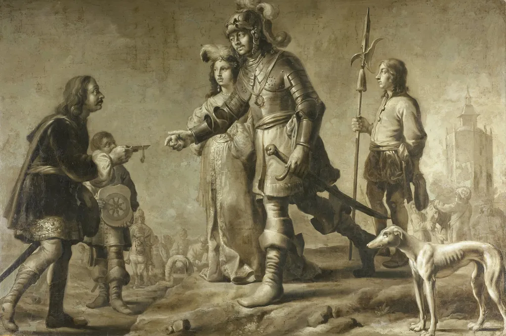 Boudewijn van Heusden (?-870) and his wife Sophia receiving homage from the legate of King Edmund, by Adriaen van de Venne, oil, 1626