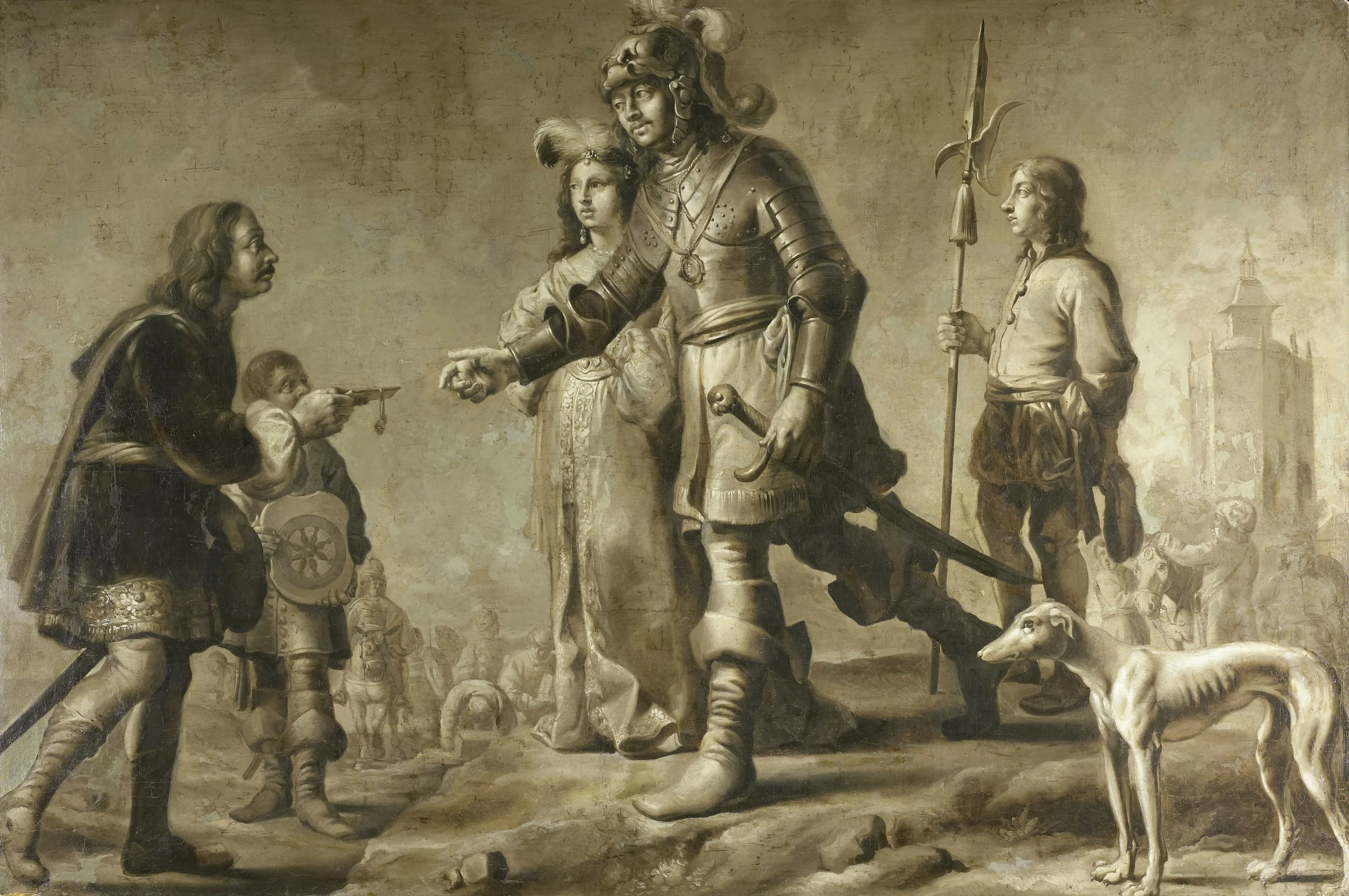 Boudewijn van Heusden (?-870) and his wife Sophia receiving homage from the legate of King Edmund, detail