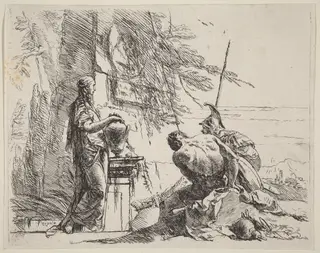 Standing Woman and Seated Men before an Obelisk, by Giovanni Battista Tiepolo, ink