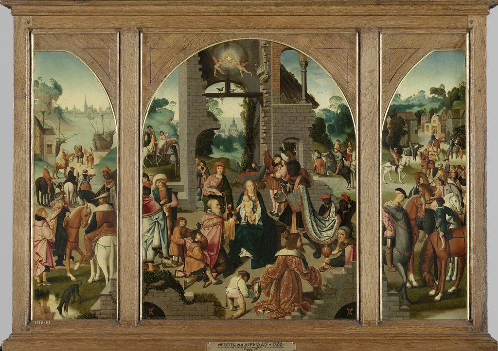 Triptych with the adoration of the Magi (centre panel and inner wings), St Antony Abbot (outer left wing) and St Adrian (outer right wing), by Master of Alkmaar, oil, 1500