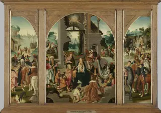 Triptych with the adoration of the Magi (centre panel and inner wings), St Antony Abbot (outer left wing) and St Adrian (outer right wing), by Master of Alkmaar, oil, 1500