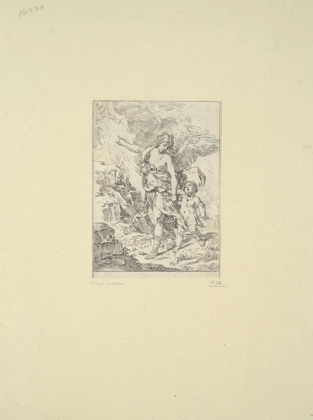 Guardian Angel, by Simone Cantarini, ink, 1644
