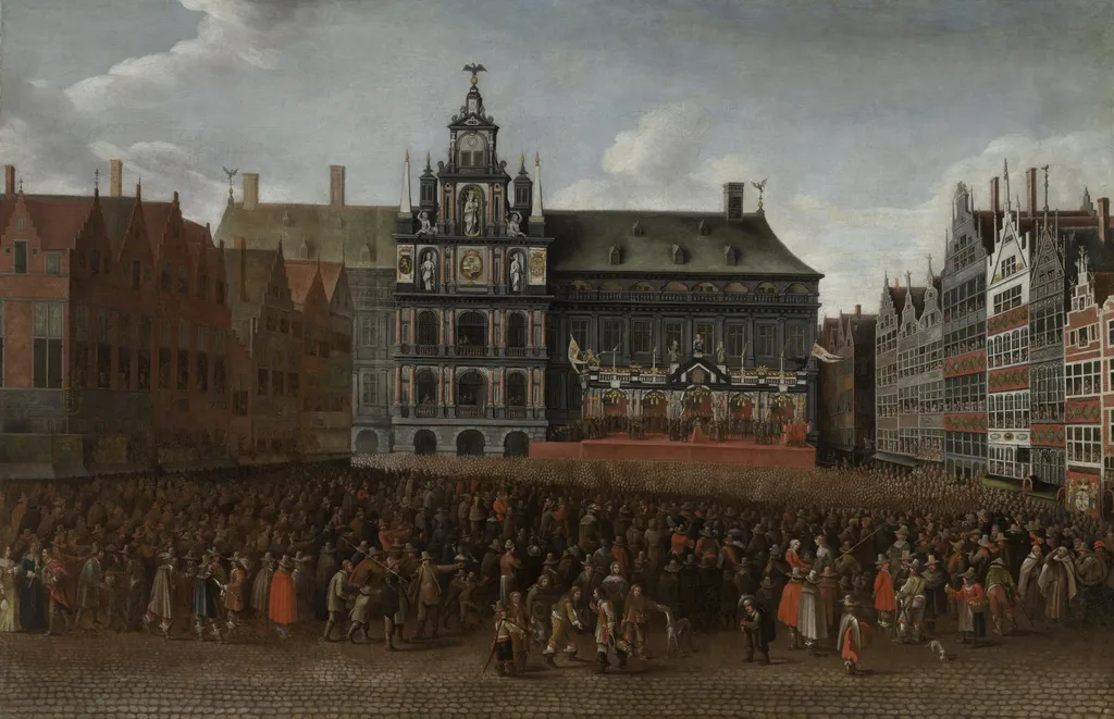 The Proclamation of the Peace of Münster at the Grote Markt in Antwerp, by Maximiliaen Pauwels, oil, 1649