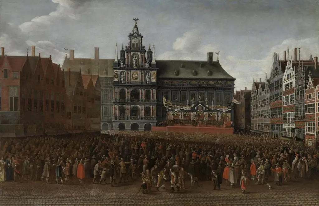 The Proclamation of the Peace of Münster at the Grote Markt in Antwerp, by Maximiliaen Pauwels, oil, 1649