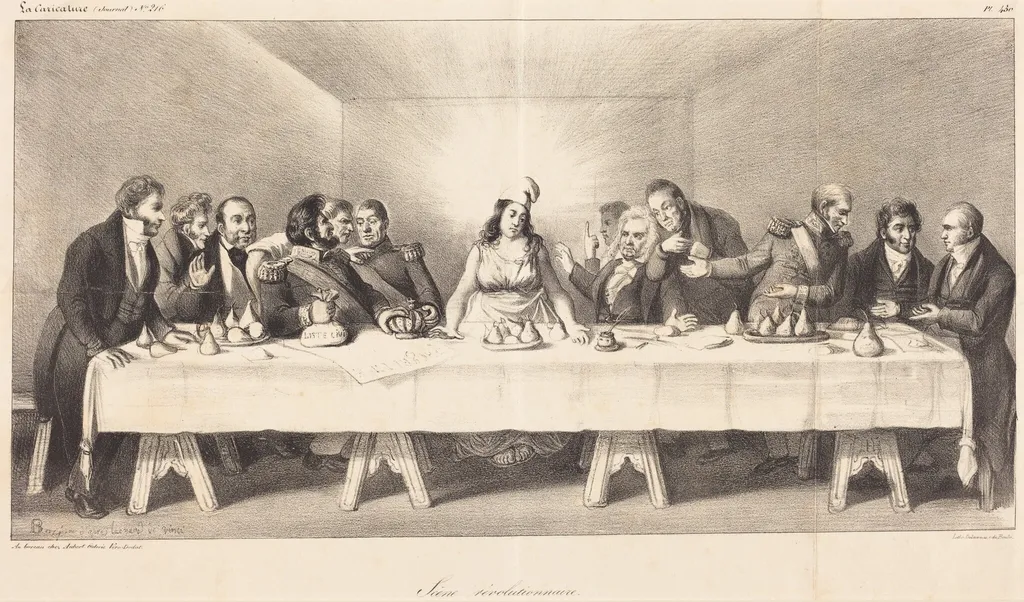 Scène révolutionnaire: Parody on the Last Supper, by Auguste Bouquet, ink, 1834