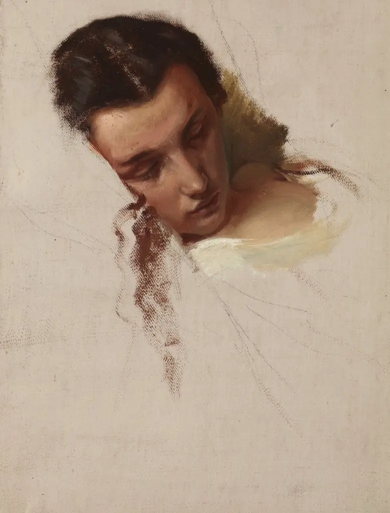 Study to the Painting "The Death of Barbara Radziwiłł" – Head of Quinn Barbara, by Józef Simmler, oil, 1855