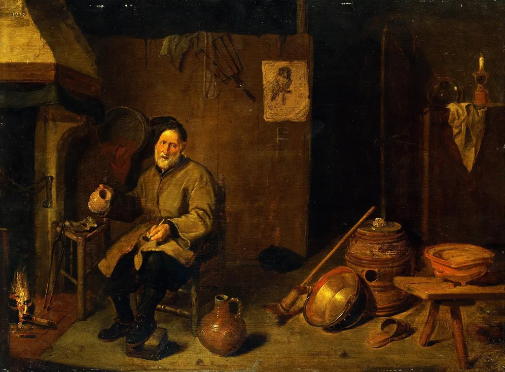 Peasant Holding an Empty Mug, by Quirijn van Brekelenkam, oil, 1655