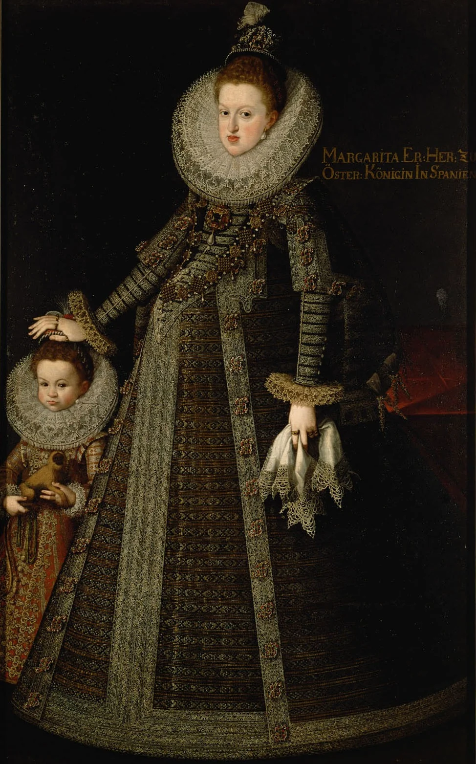 Erzherzogin Margarete (1584-1611), Königin von Spanien mit einem Kind, das ein Löwenäffchen hält, detail