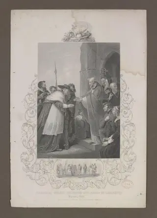 Cardinal Wolsey entering the Abbey of Leicester, by R Westall, 1850