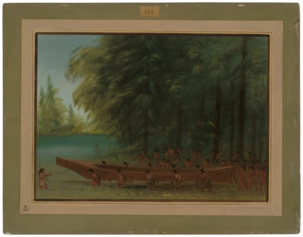 Launching a Canoe - Nayas Indians, by George Catlin, oil, 1862
